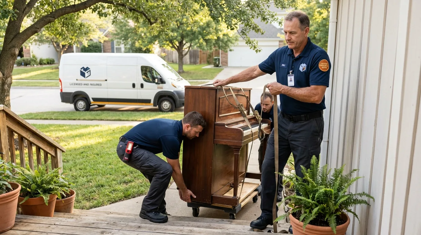 Licensed piano movers securing grand piano in Ortonville, MN