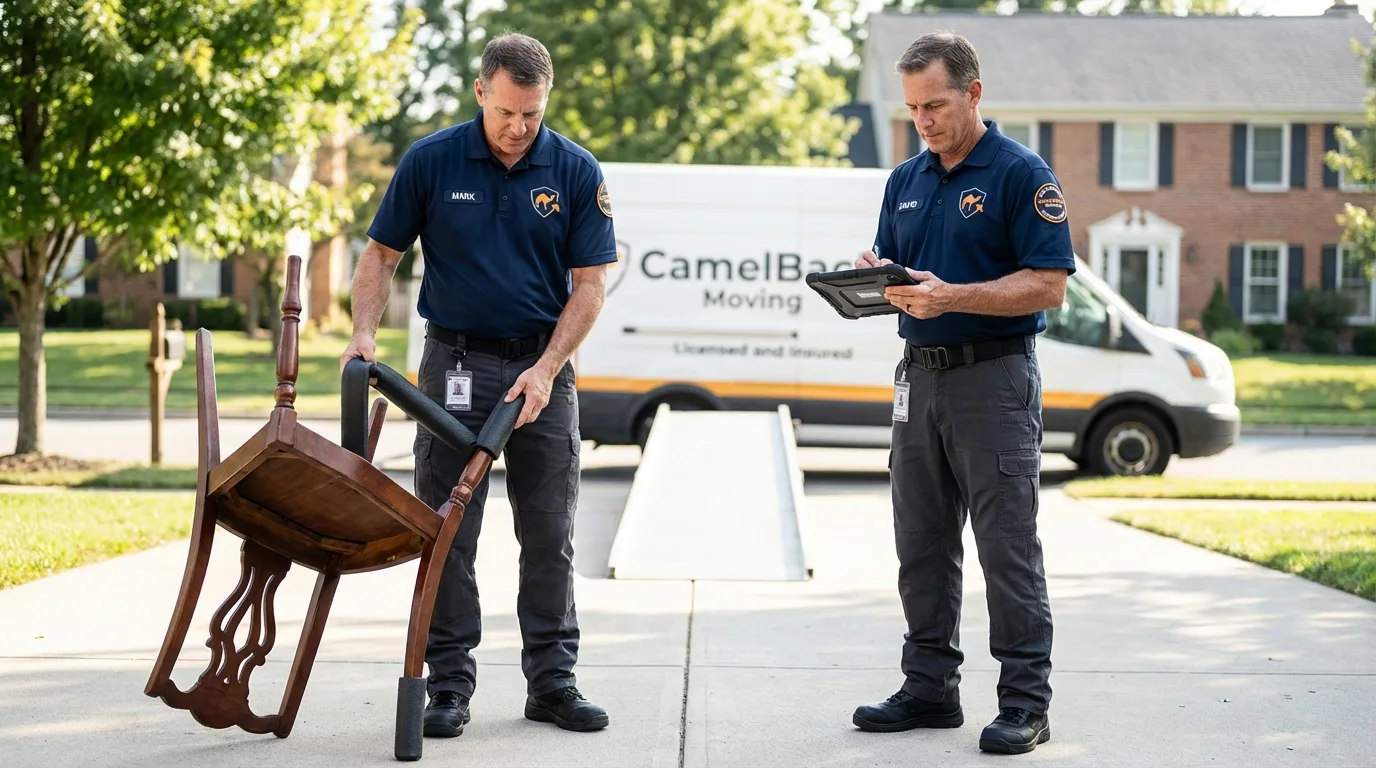 Movers inspecting furniture for damage prevention before loading in Ortonville, MN