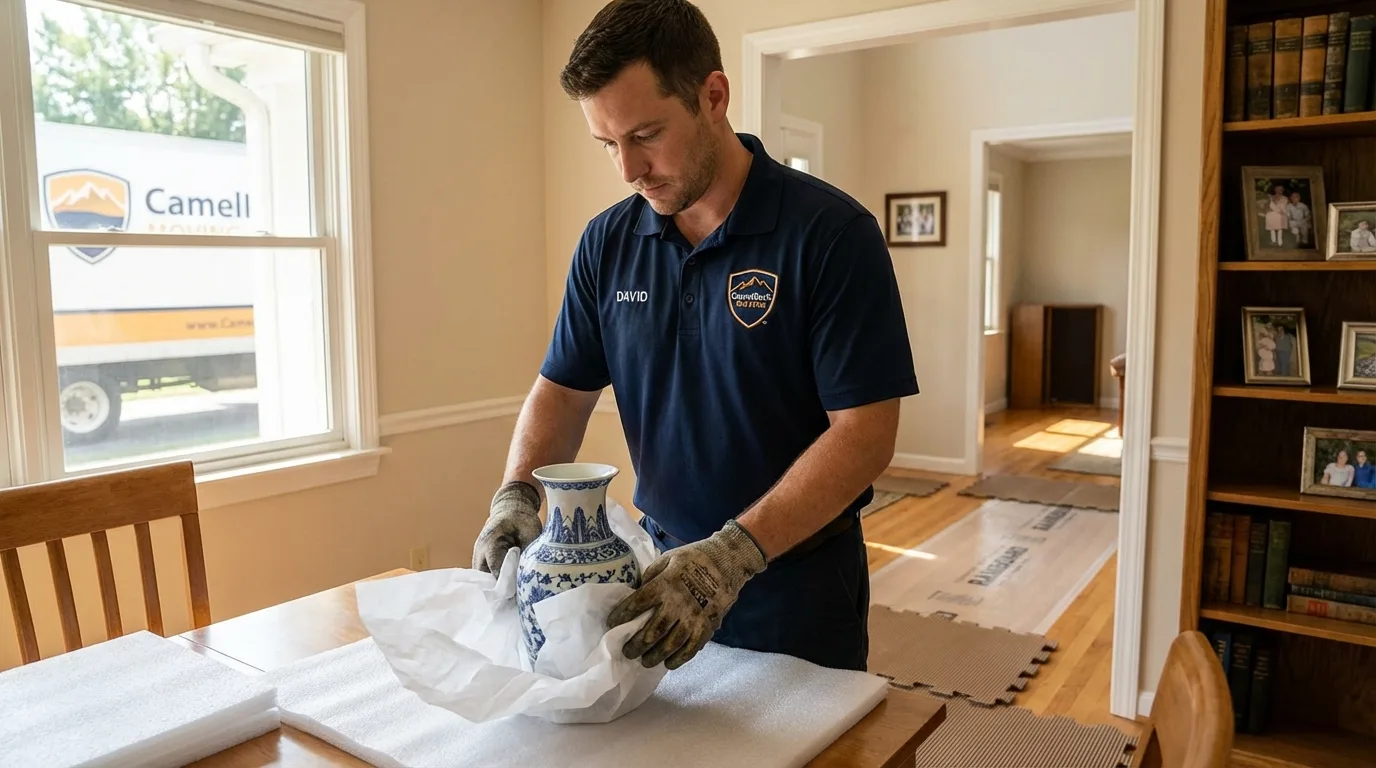 Professional crew carefully wrapping antique vase for senior downsizing move in Ortonville, MN